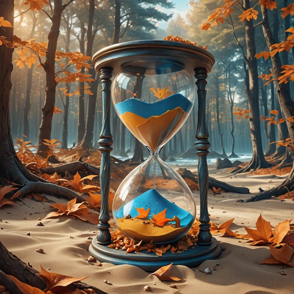 Hourglass with Summer Beach Fading to Autumn Forest