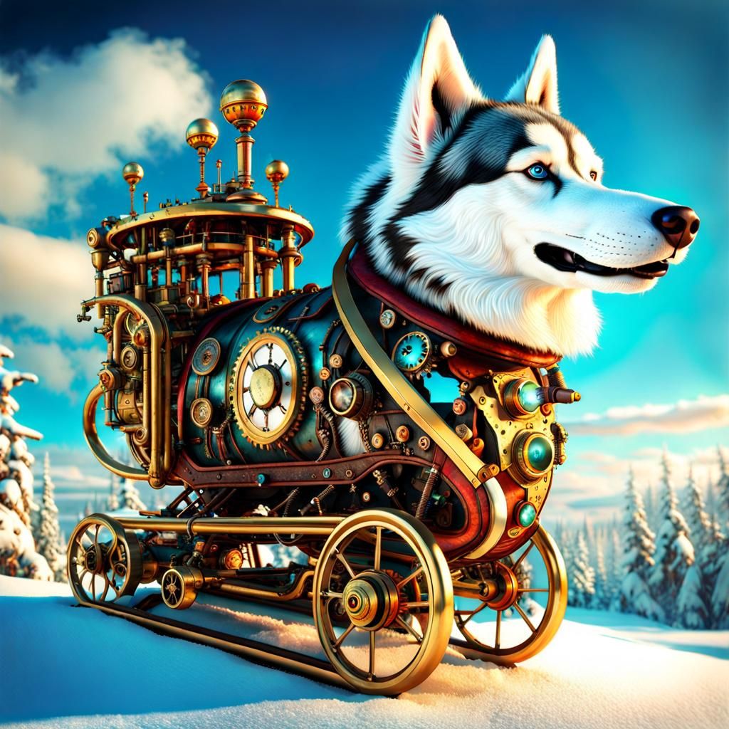 Steampunk Husky in Winter Landscape Fantasycore Art