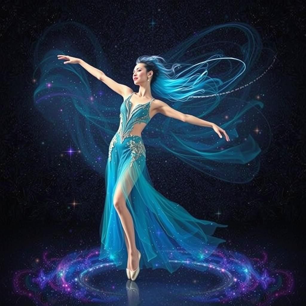 Surrealist. a pretty woman dancing in the stars with cosmic ...