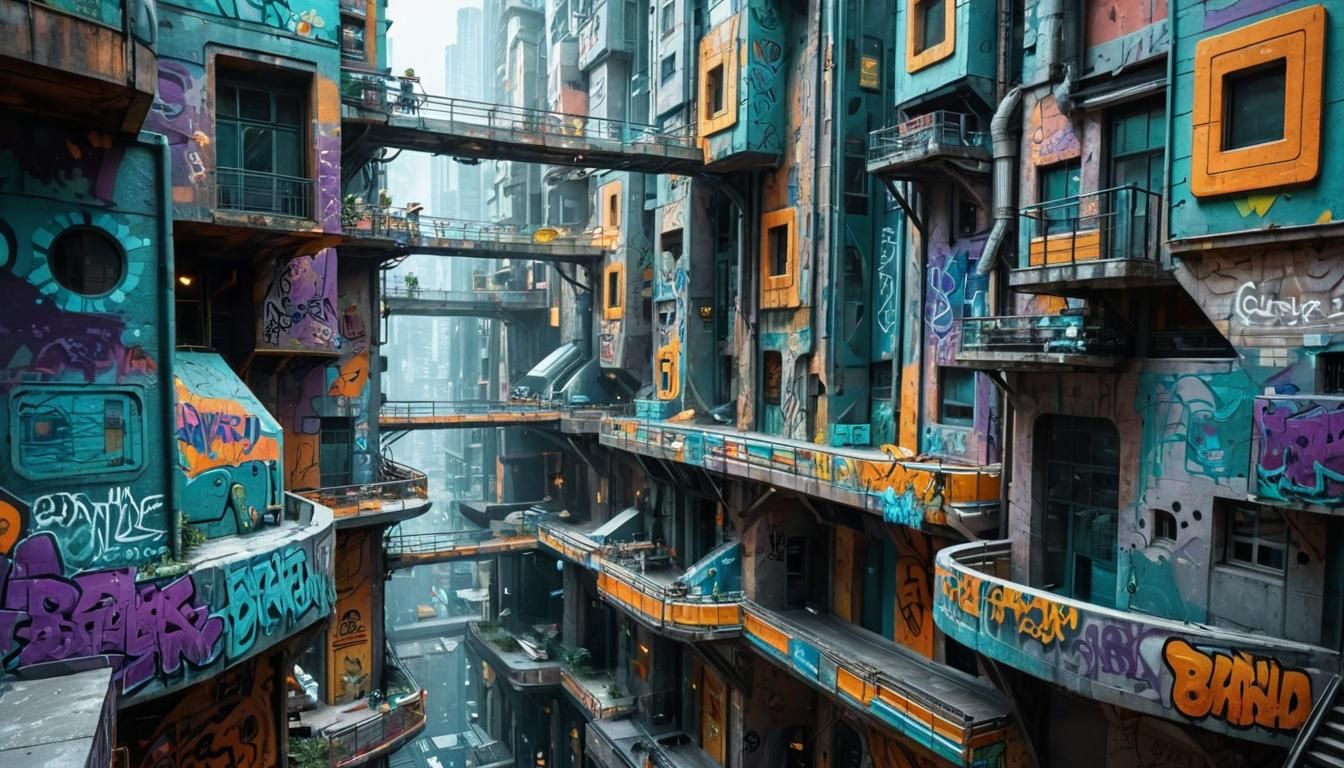 Futuristic Vertical Metropolis Covered in Graffiti