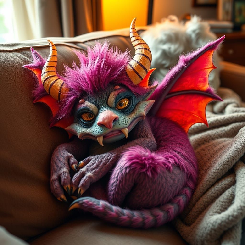 Whimsical Fantasy Pet Monster Curls Up with Grandma