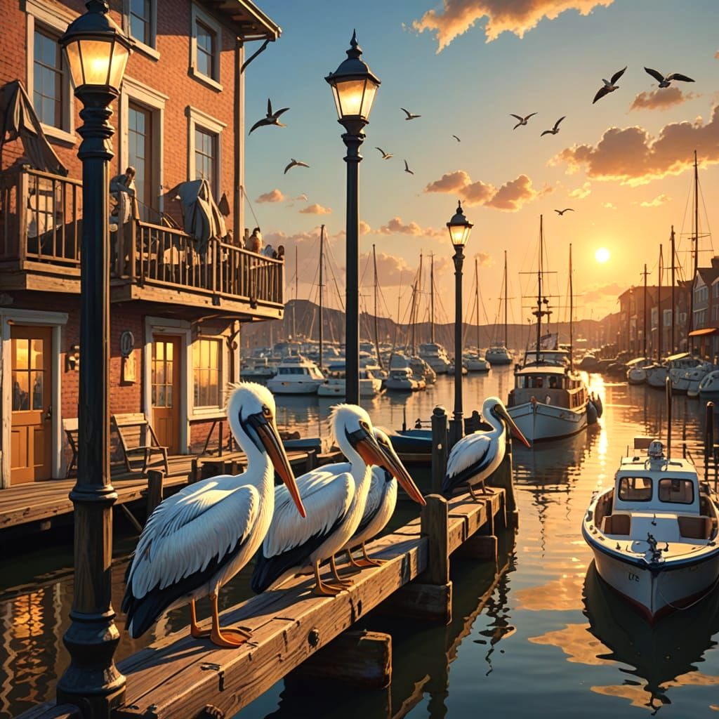 Pelicans Populate a Busy Harbor Scene