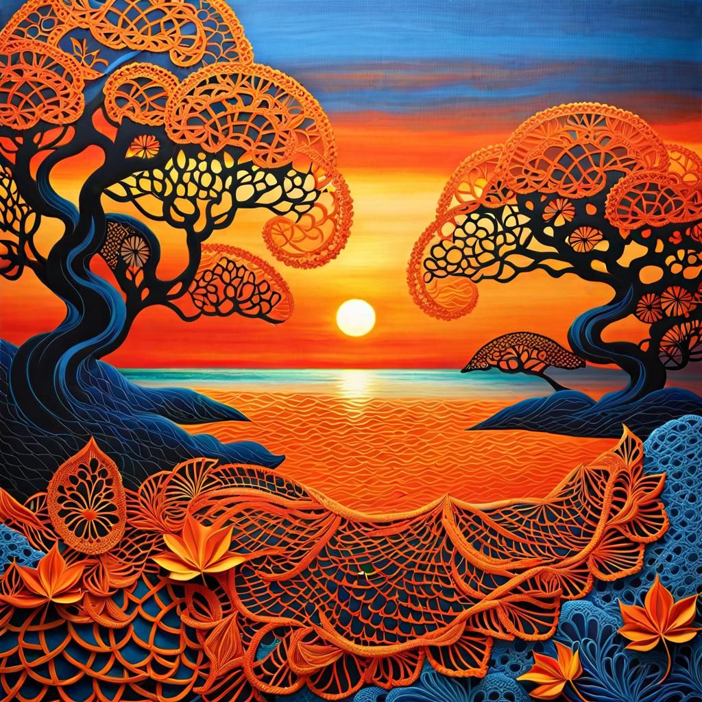 Fabric Lace Collage of Autumn Sunset Landscape