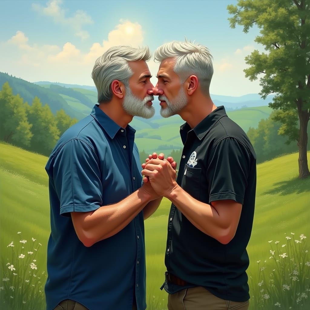 Men Kissing in Lush Landscape, Impressionistic Style