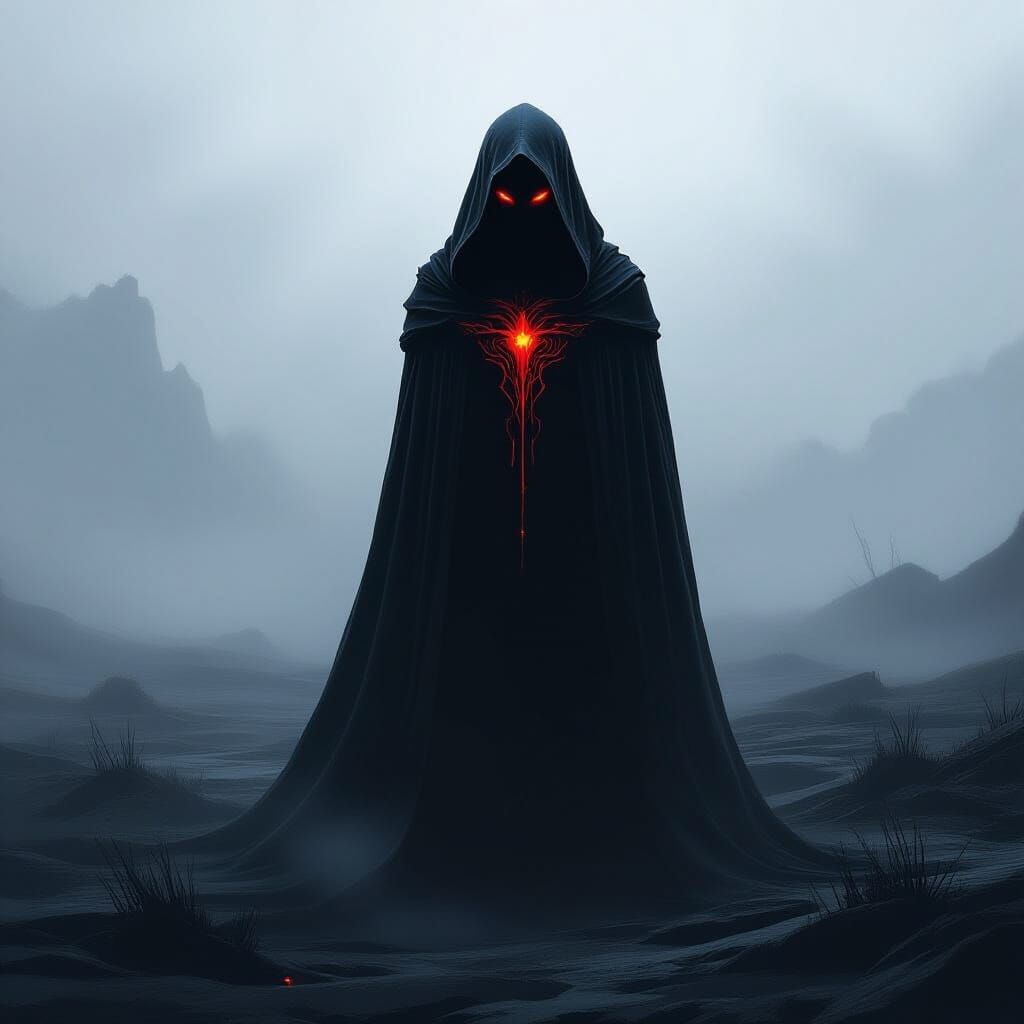 Mysterious Hooded Figure with Red Highlights in Foggy Landsc...