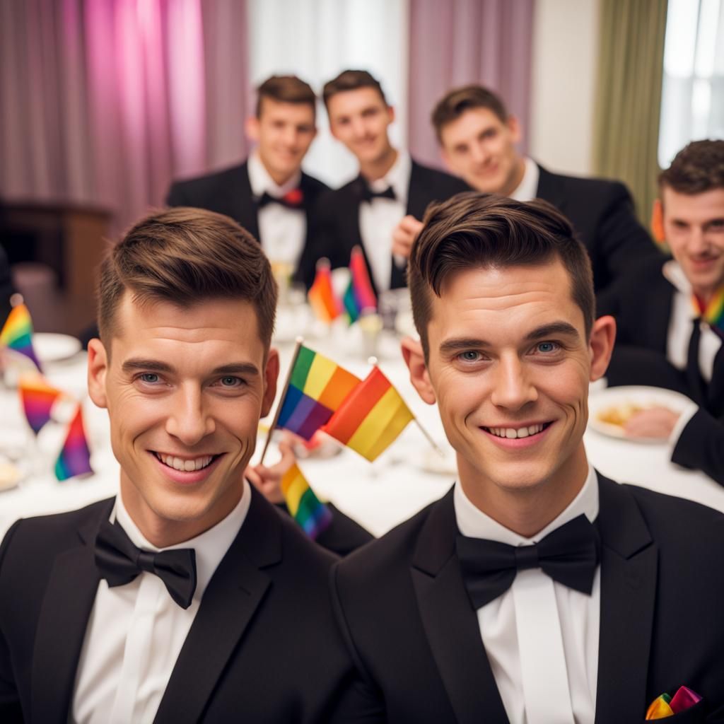 Young Gay dinner party, tuxedos, rainbow flags,