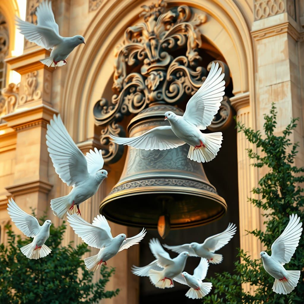 Peaceful Doves Soar Near Ornate Vatican Church Bell