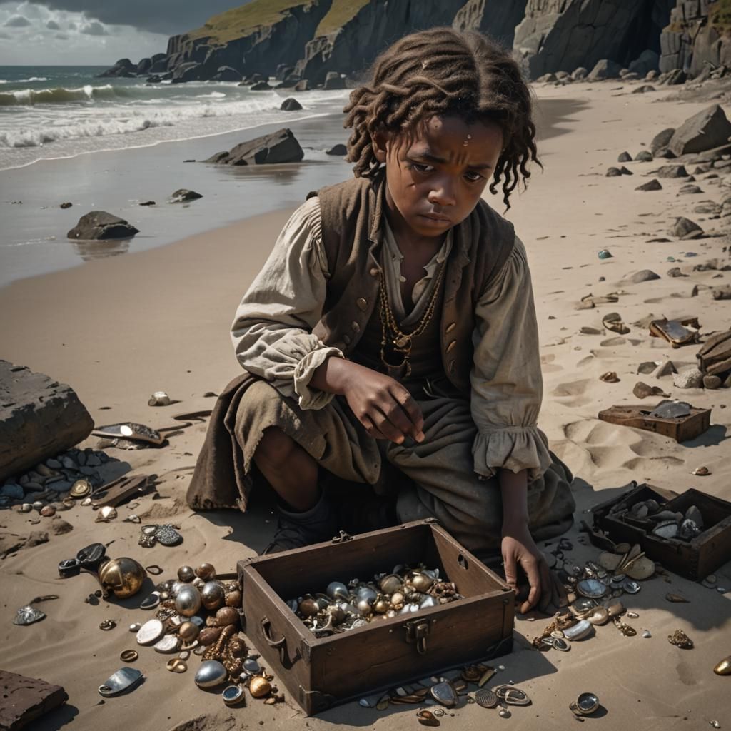 Child Scavenging Wreckage on a Beach