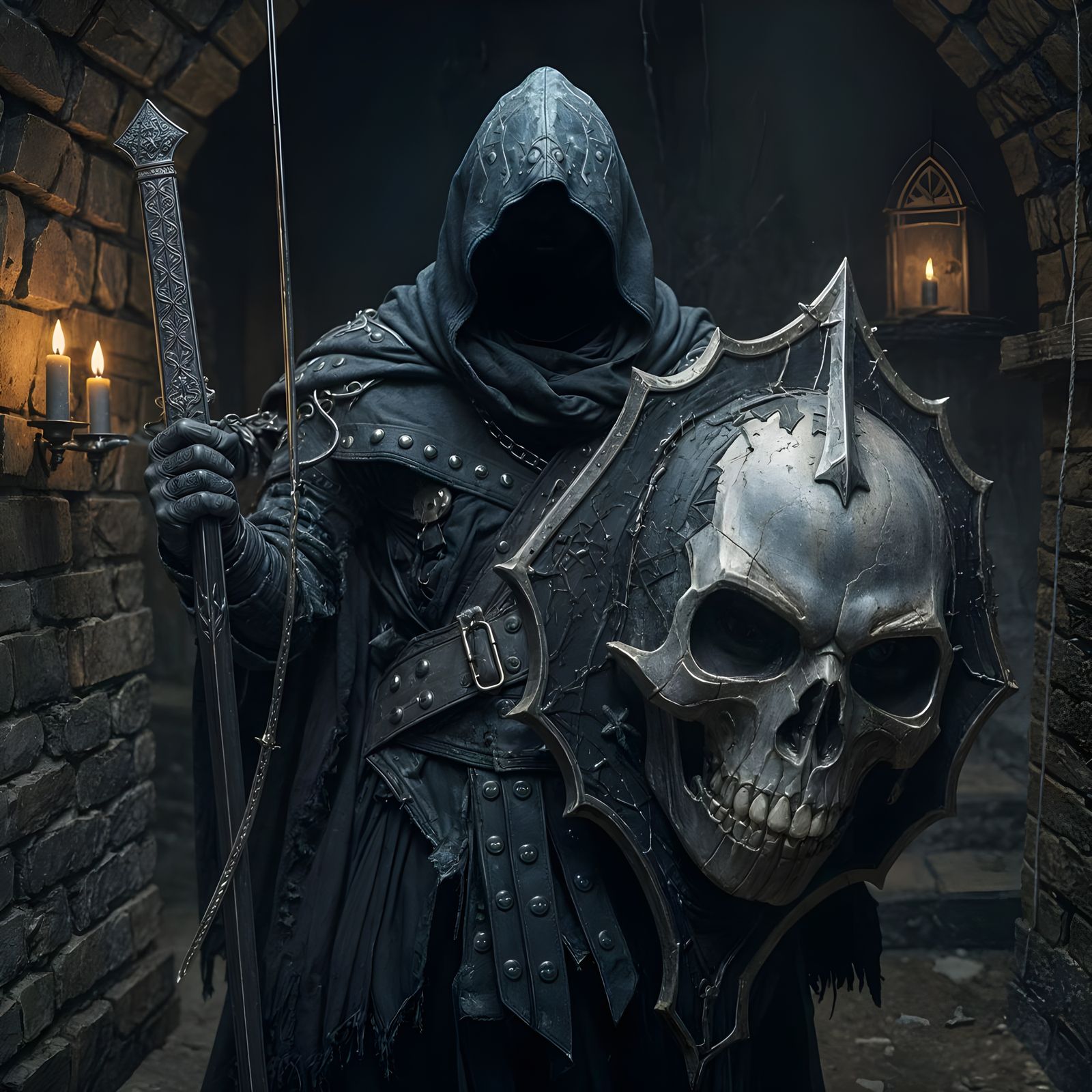 Dark Assassin in Tattered Armor Wields Skull Shield