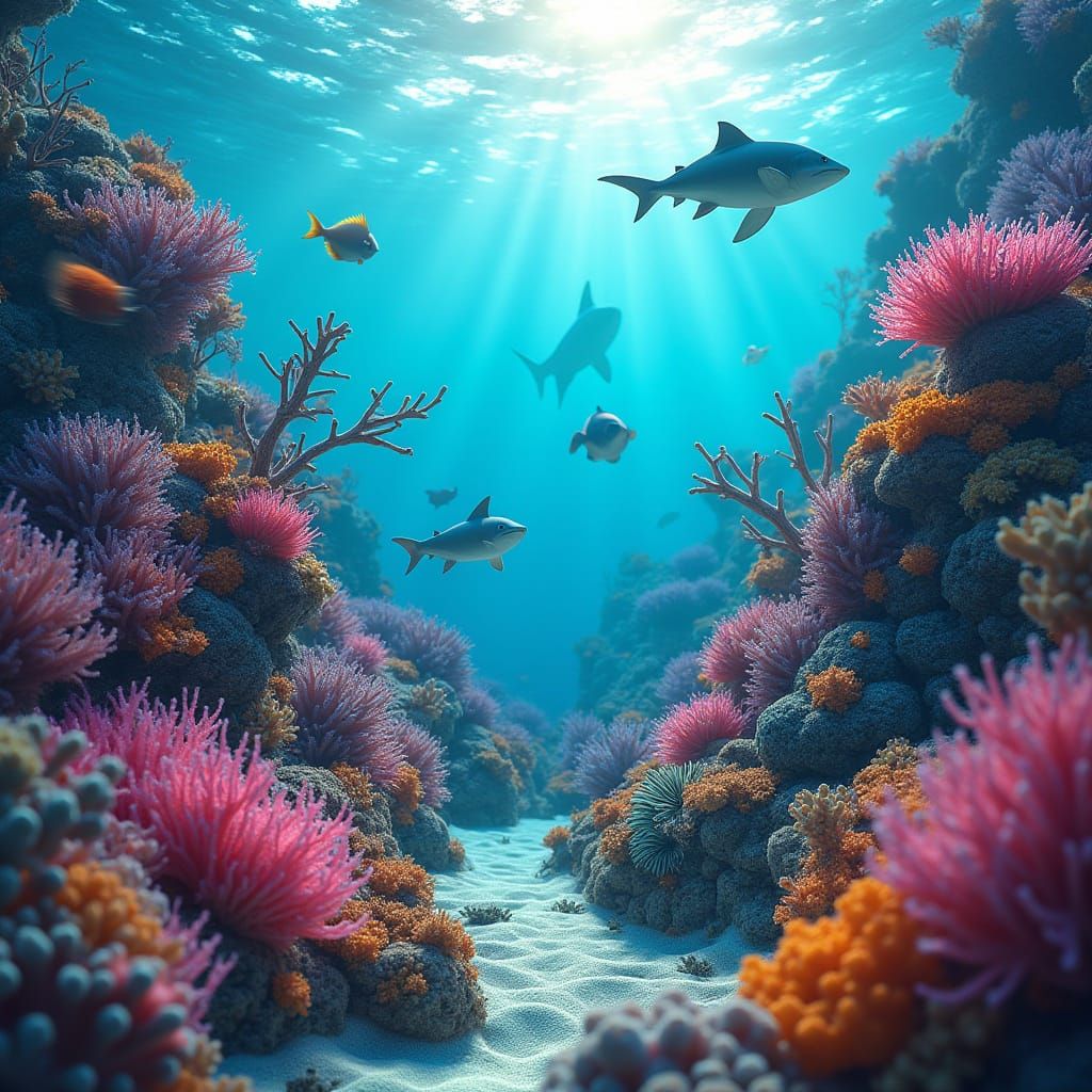 Vibrant Coral Reef Macro Photograph with Exotic Fish