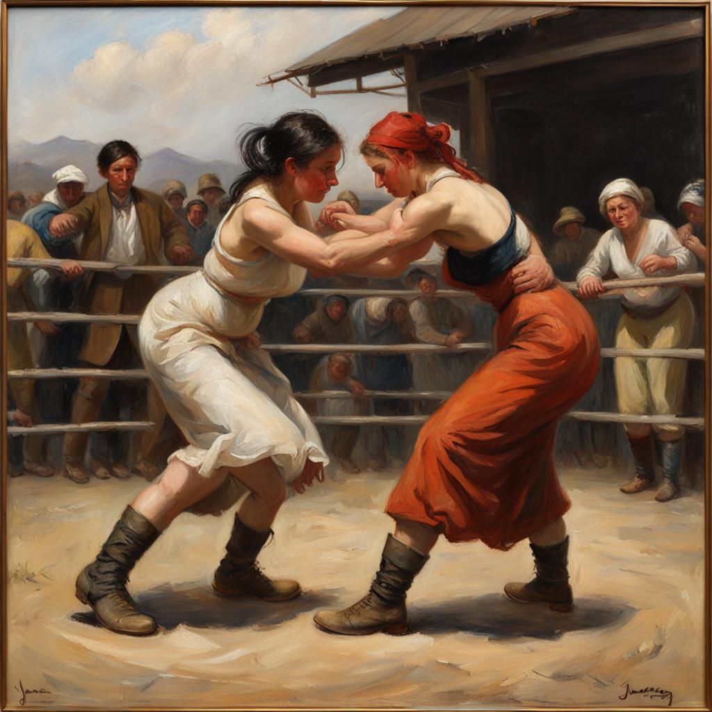 Two female peasants wrestling in the ring oil painting by James Gurney