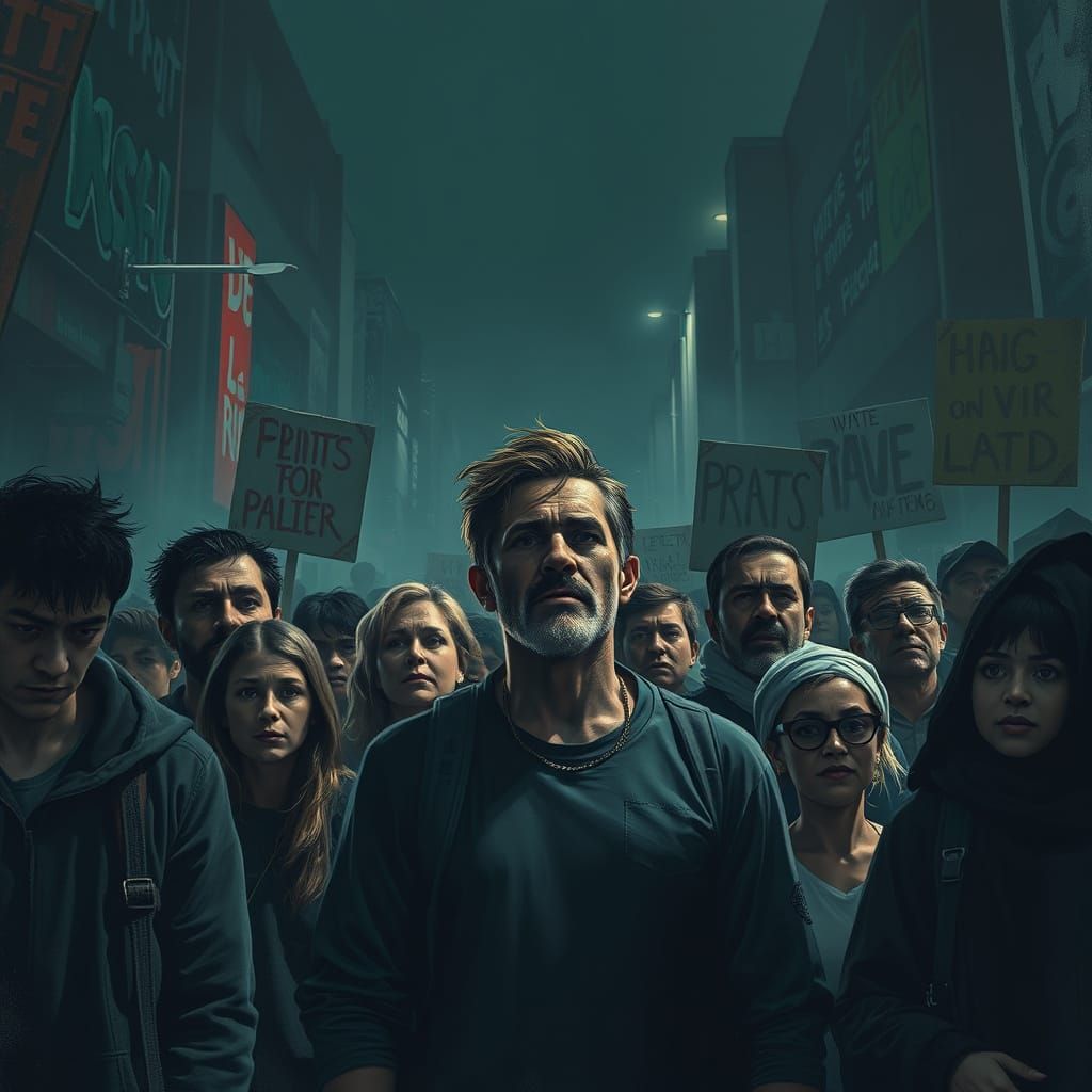 Dystopian Cityscape of Desperation and Resistance