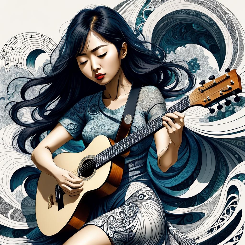 Woman Adorned with Japanese Text: Abstract Digital Art