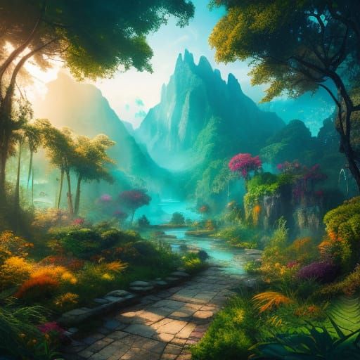 Serene Fantasy Oasis in Vibrant Digital Art