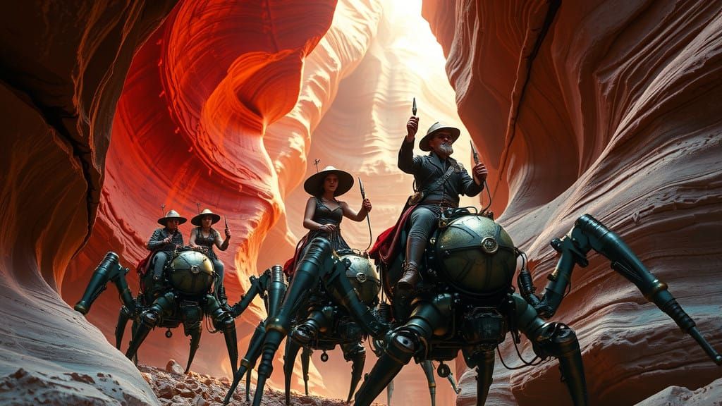 Steampunk Explorers Ride Mechanical Spider Machines through...
