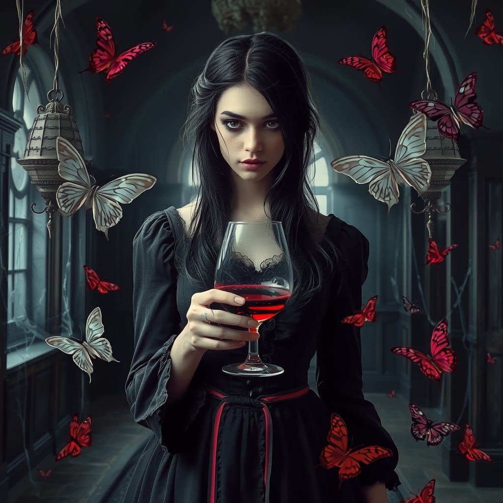 Gothic Woman in Mansion with Ghostly Butterflies