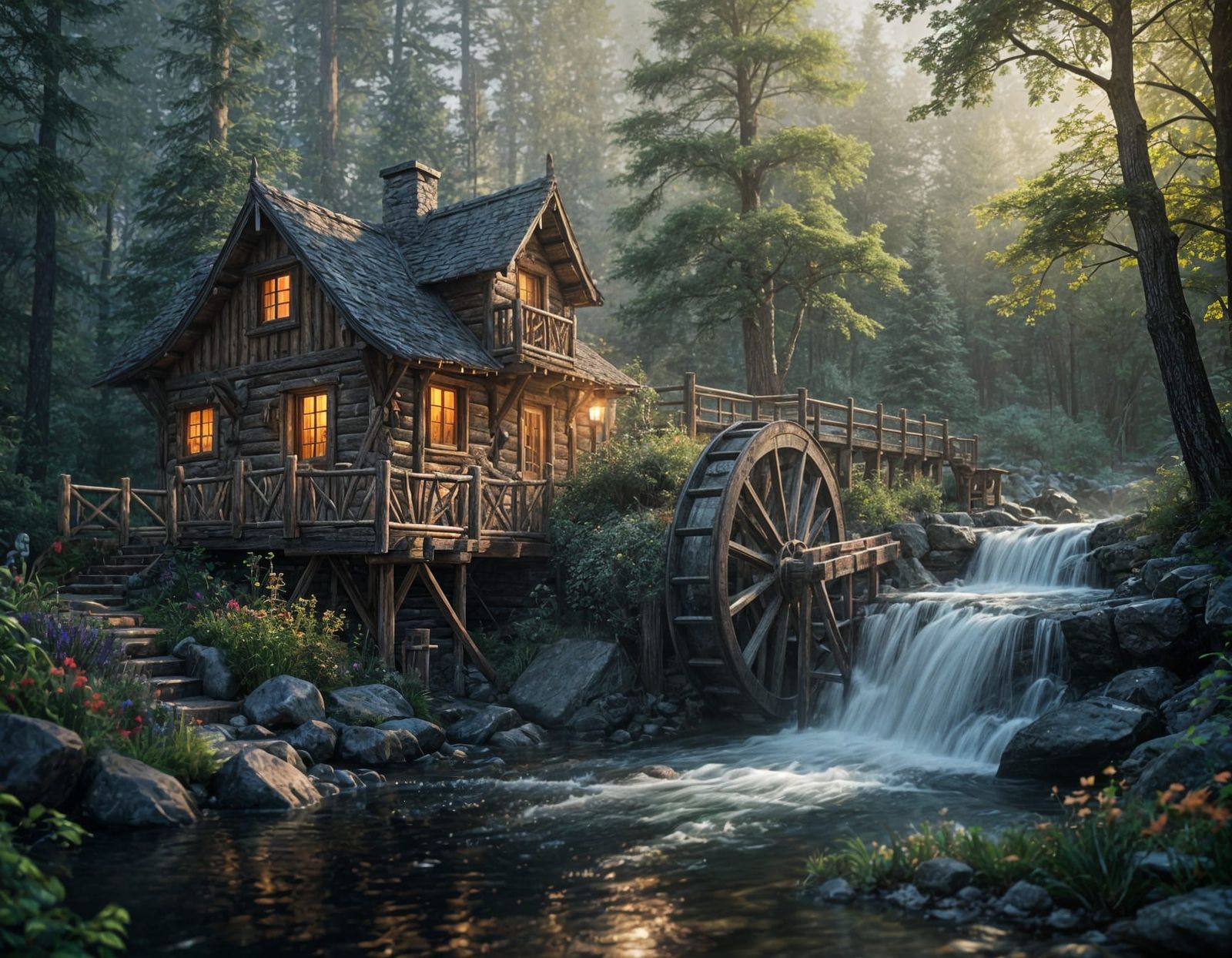 Ethereal Waterwheel in Whimsical Woodland