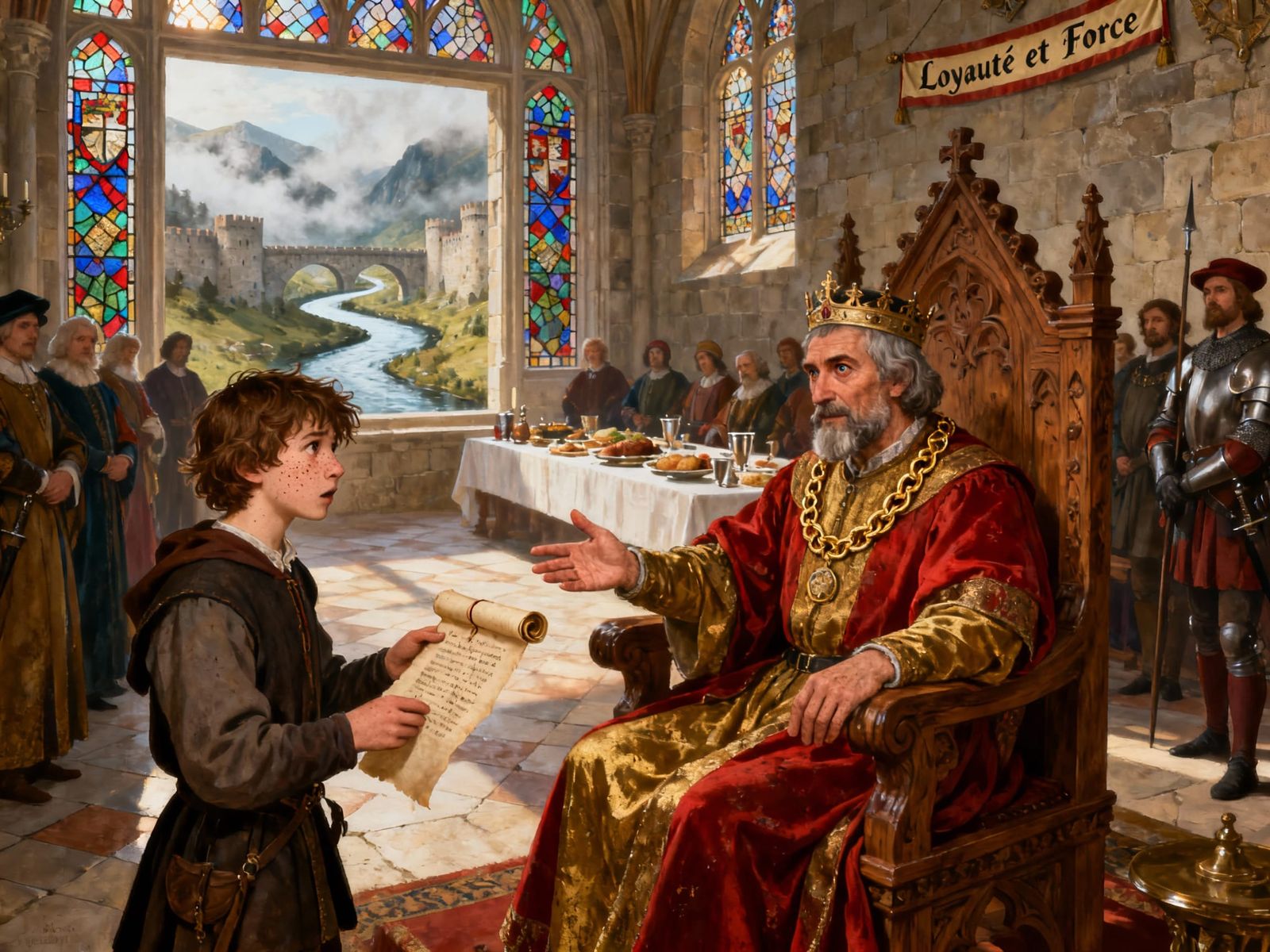 King Receives Scroll in Medieval Castle Great Chamber