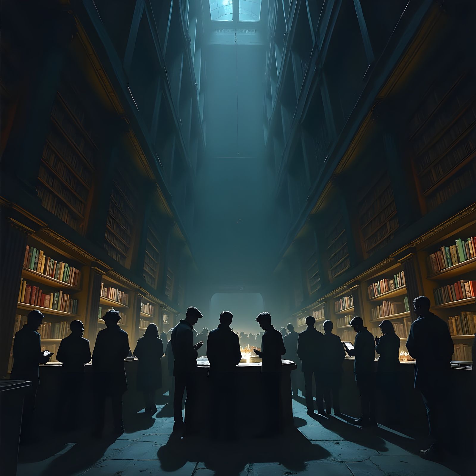 Mysterious Nighttime Library Scene in Dark, High-Contrast St...