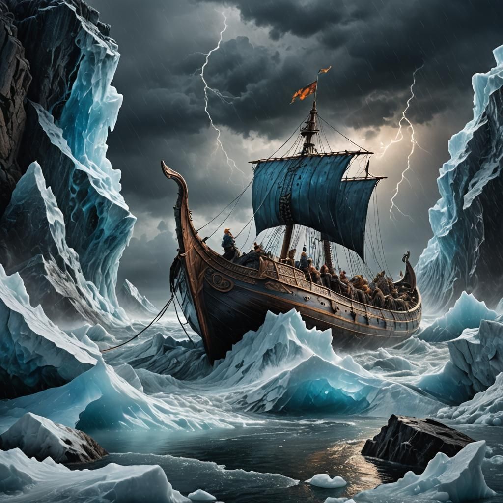 Viking Ship on Iceberg in Thunderstorm Splash Art
