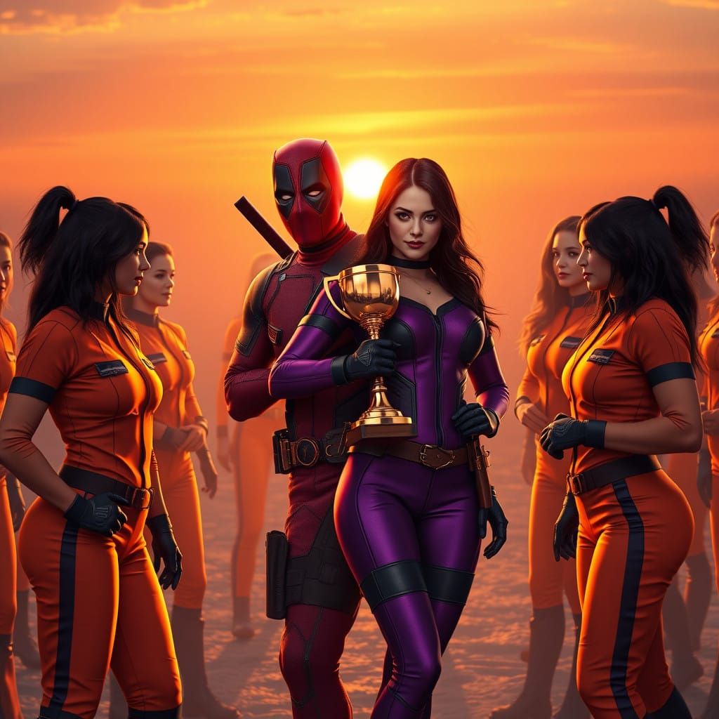 Deadpool and Psylocke Surrounded by Orange-Clothed Dutch Sup...