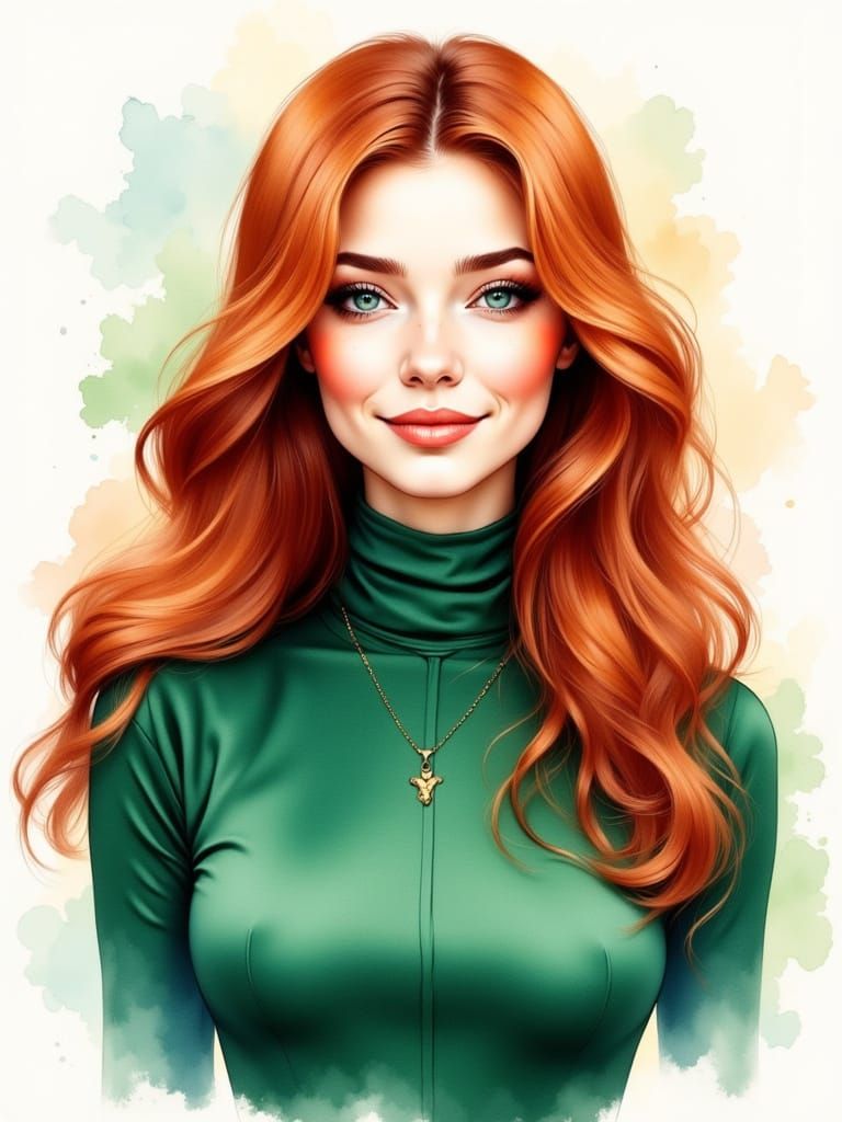 Red Haired Woman Portrait in Wet Watercolor Style