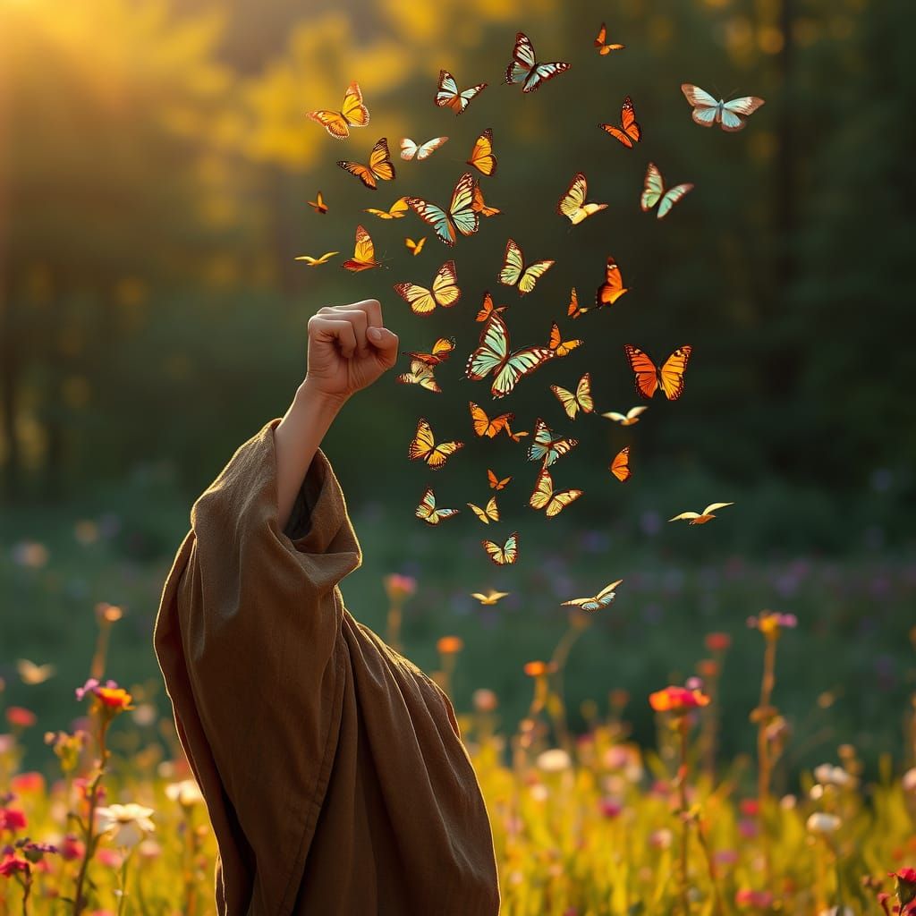 Liberated Figure Unfurls Butterflies in Vibrant Meadow Scene