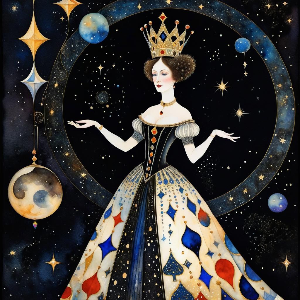 Intricate Circus Queen in Space: Liquid Watercolor