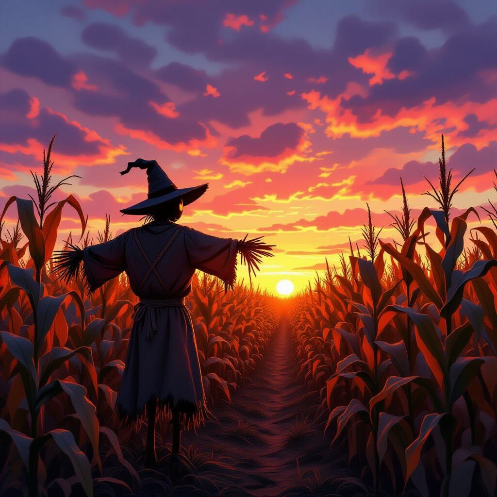 Scarecrow in Halloween Corn Maze at Sunset