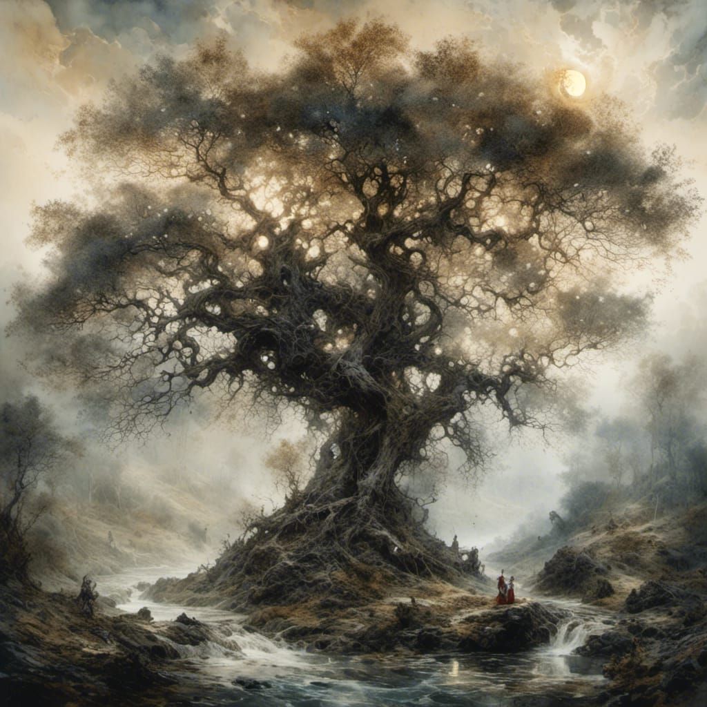 Moonlit Trees in Watercolor Style