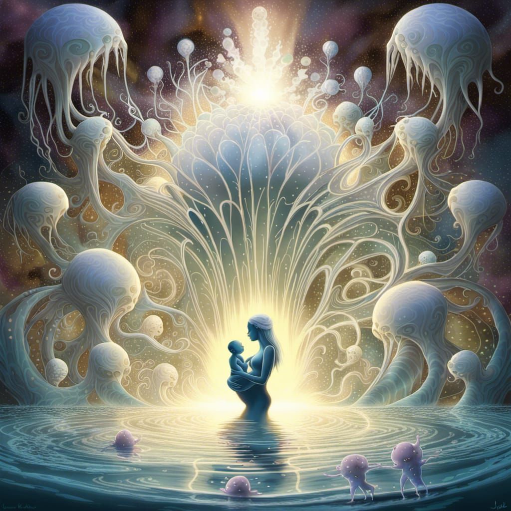 Alien Creature Baptizing Baby in Candy Art Style