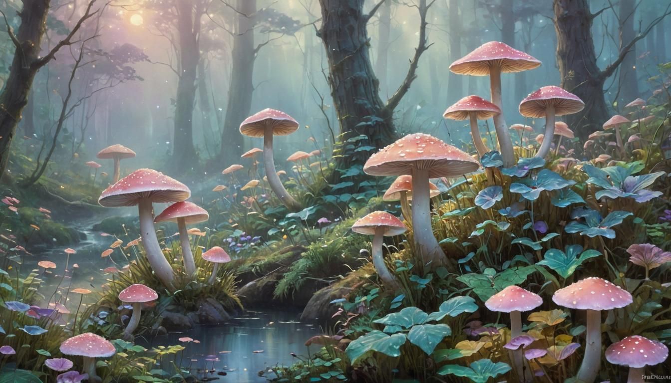 Glowing Mushrooms in Ethereal Impressionist Forest