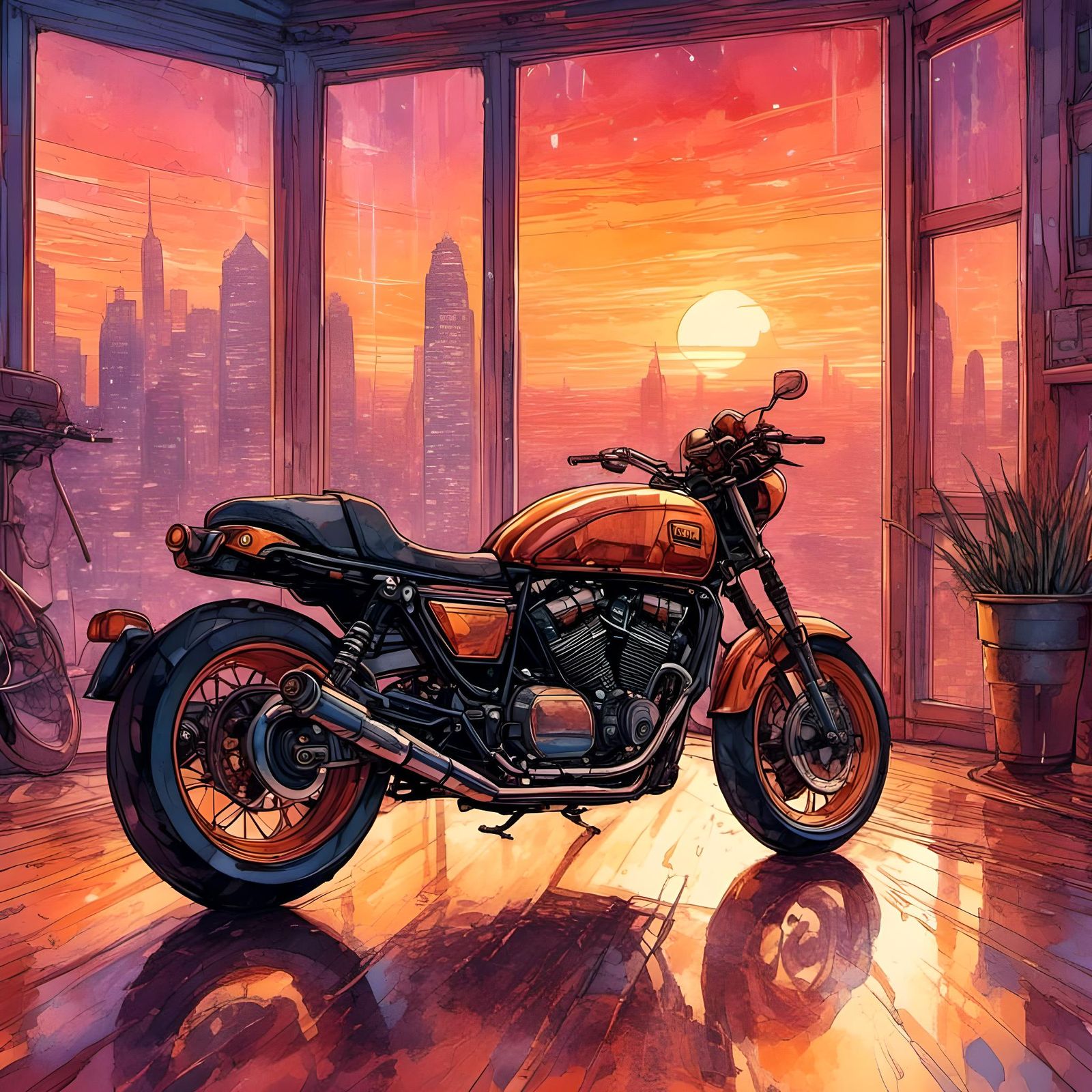 Cyberpunk Motorcycle Displayed at Sunset in Watercolor