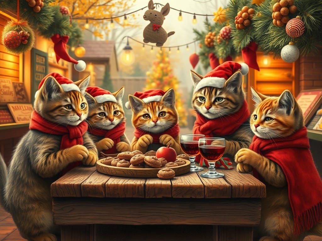 Feline Family Enjoys Cozy Christmas Market Scene