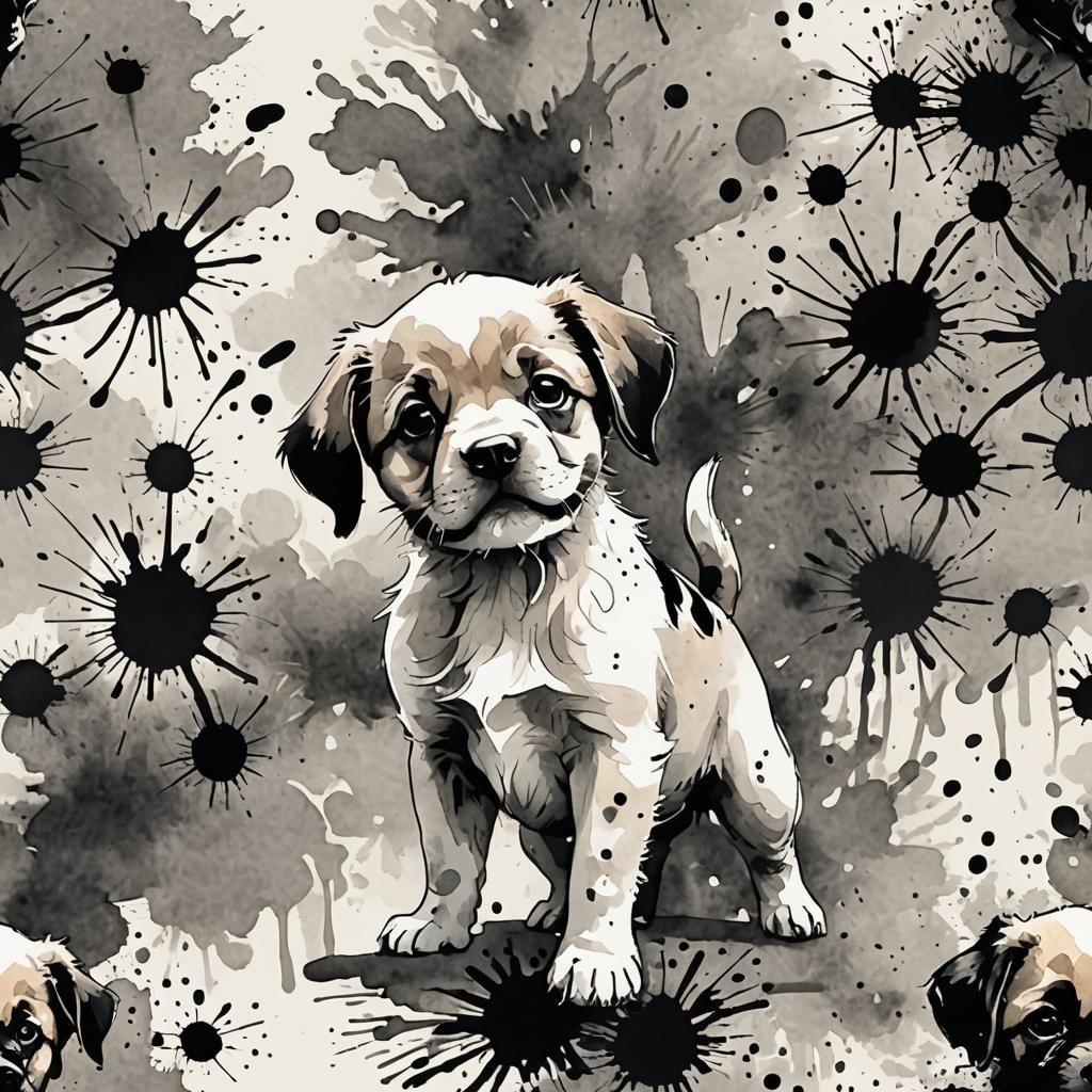 Puppy in Chinese Ink Painting Style