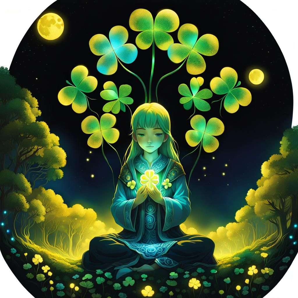 Bioluminescent Clover Healing Under a Yellow Moon