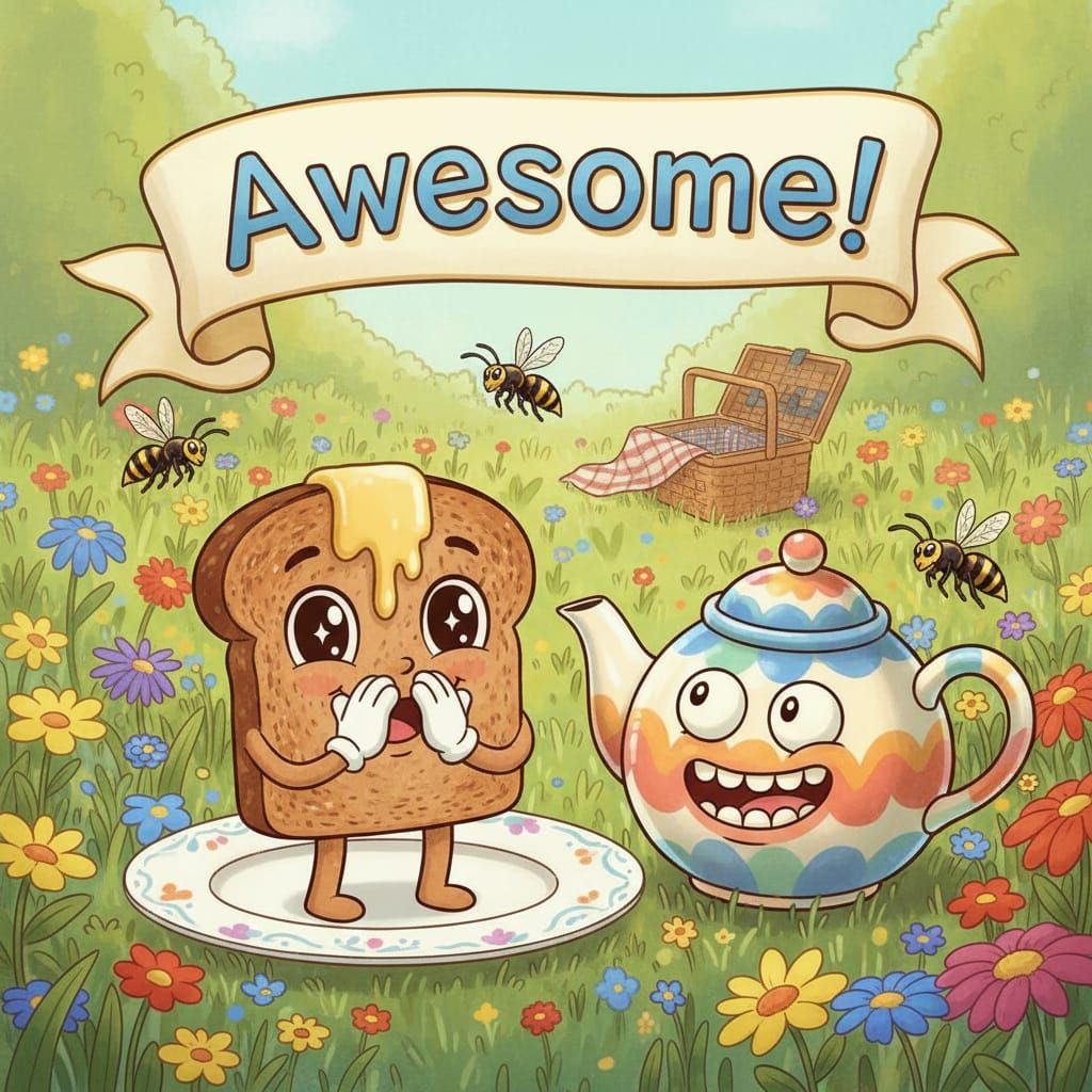 Adorable Animated Rye Toast and Teapot in Whimsical Meadow