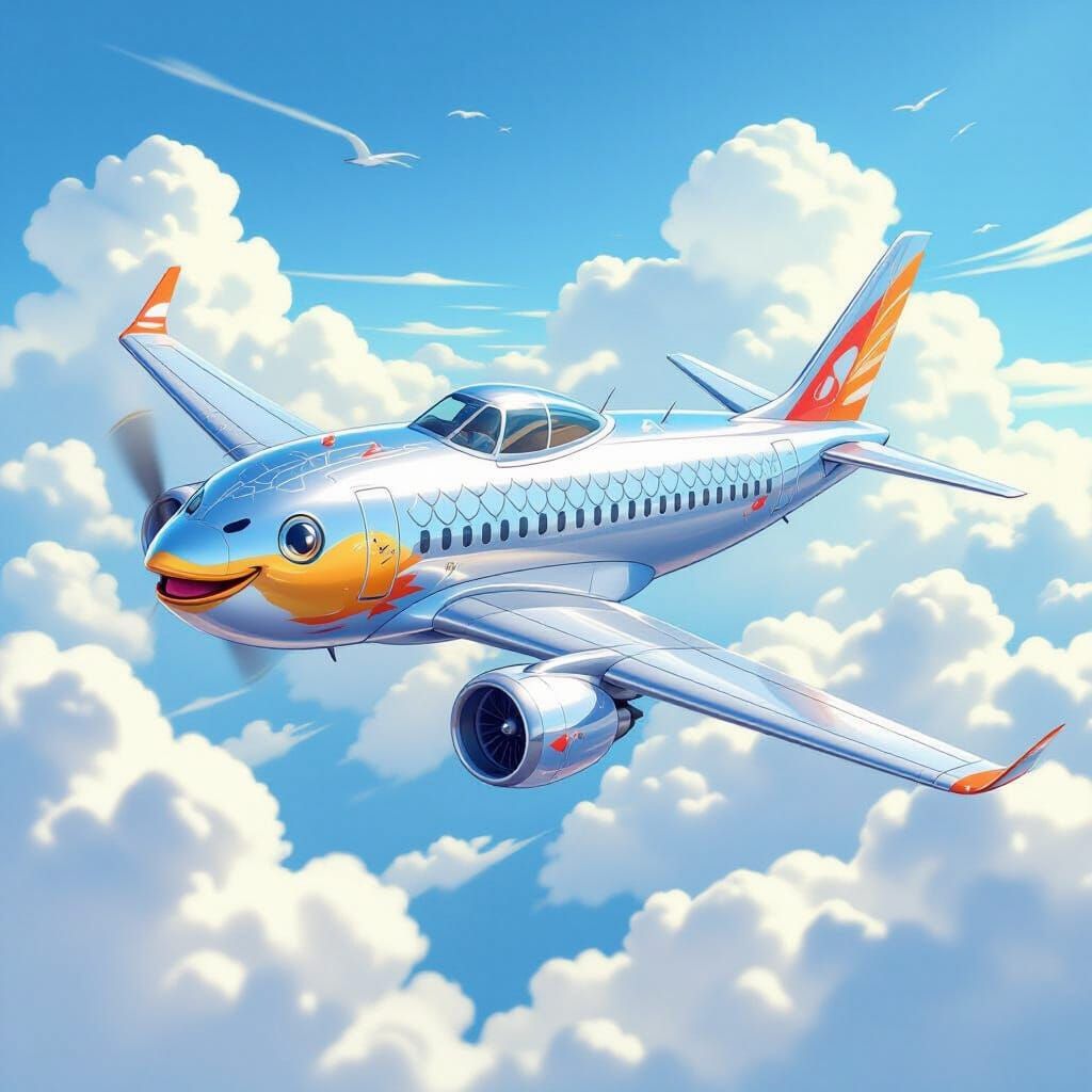 Whimsical Fish-Faced Airplane Soars Through Sunny Sky