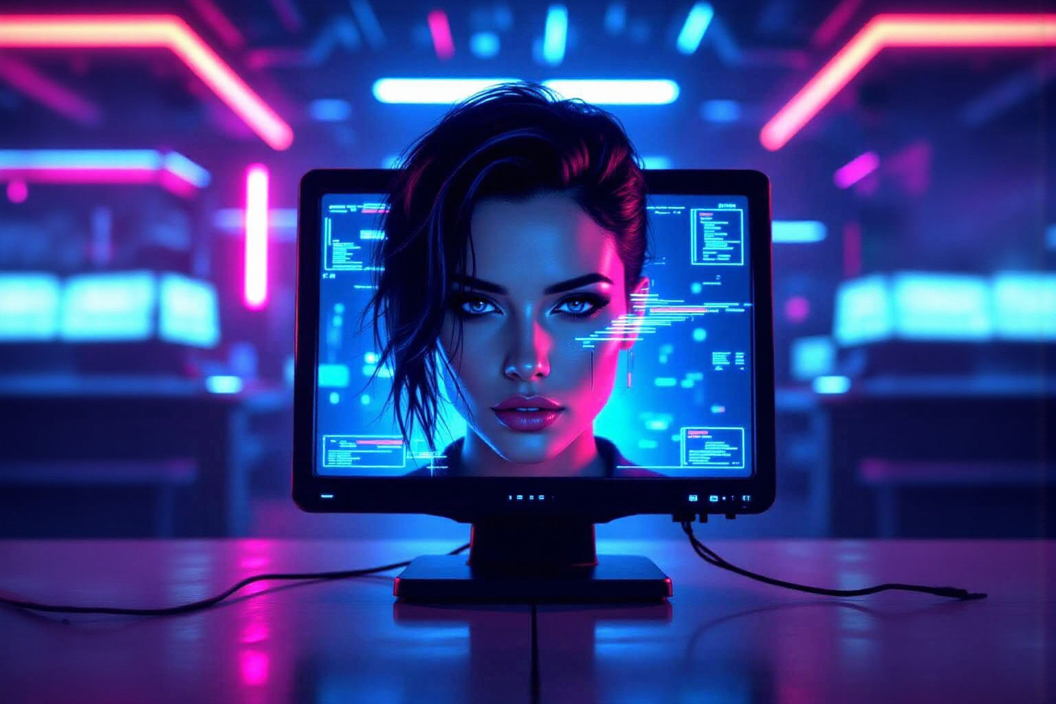 Glitching Cyberpunk Face on Viewscreen with Neon Computer Ba...