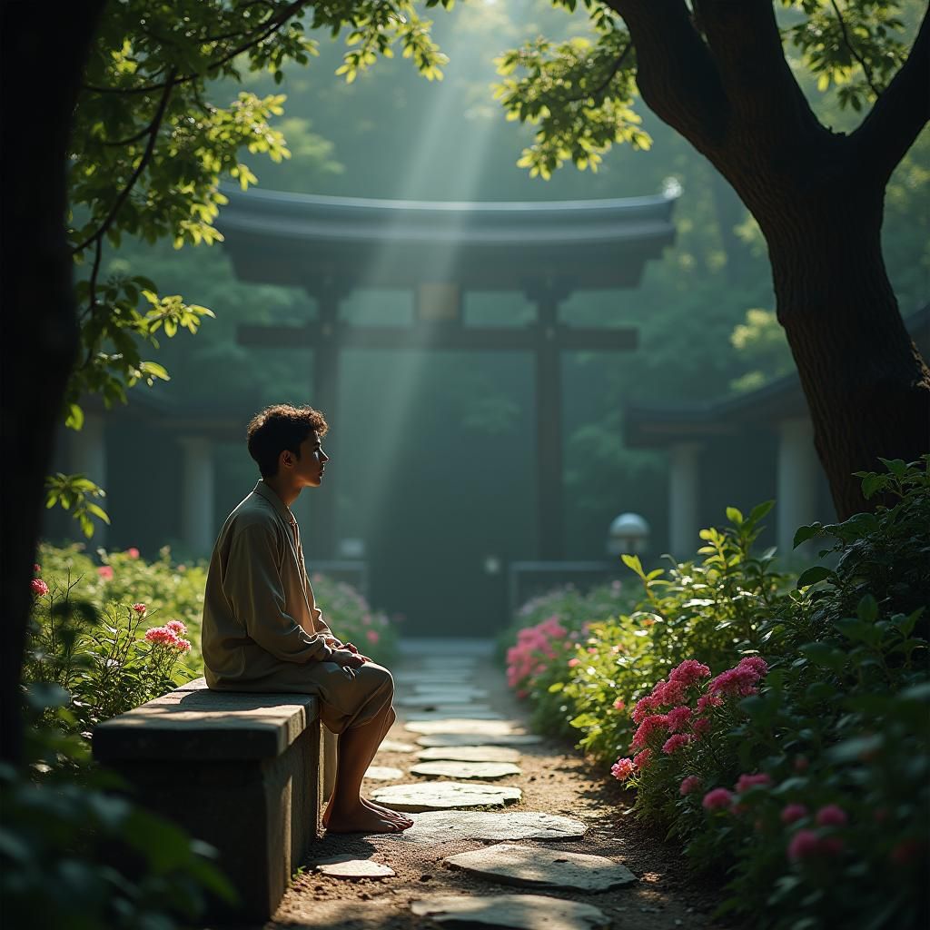 Temple Garden: Youth in Serene Cinematic Style