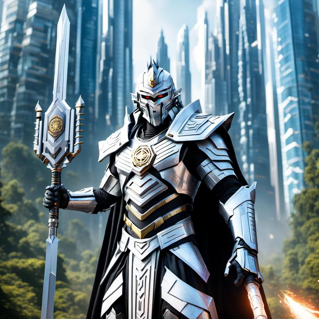 Futuristic Android Warrior in High-Tech Forest