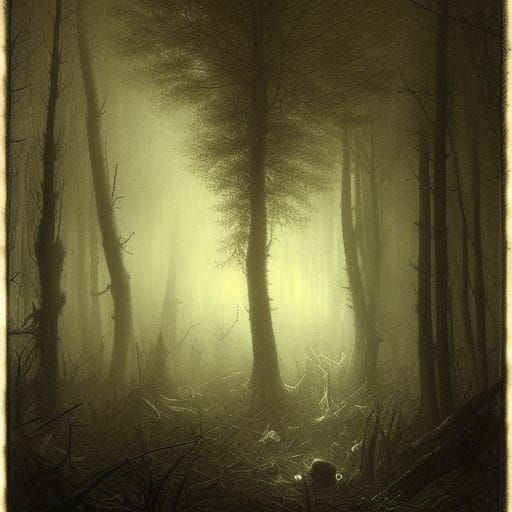 Eerie Abomination in Foggy Forest, Gothic Horror Style