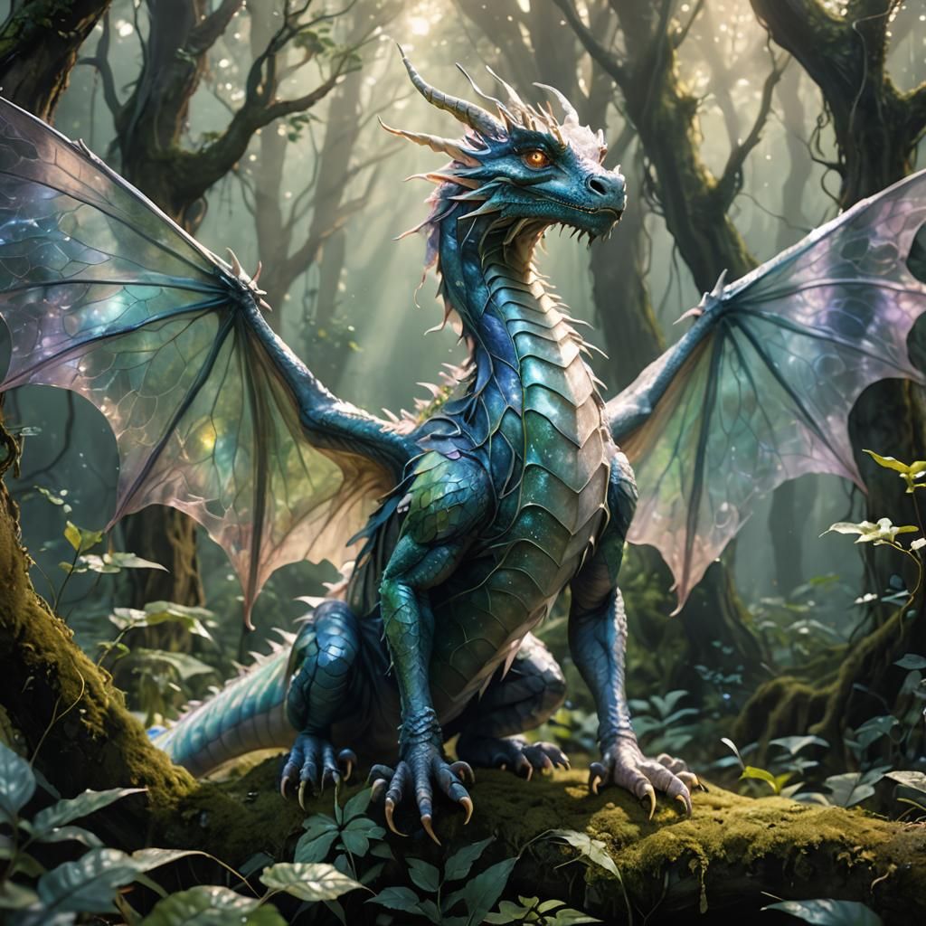 Gossamer Dragon in Mystical Forest, Ethereal Concept Art