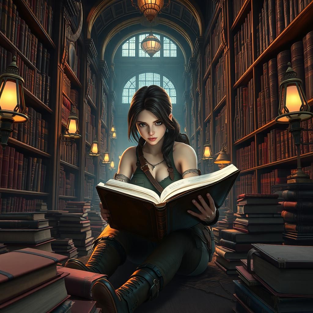 Lara Croft in Baroque Library: 3D Anime Art