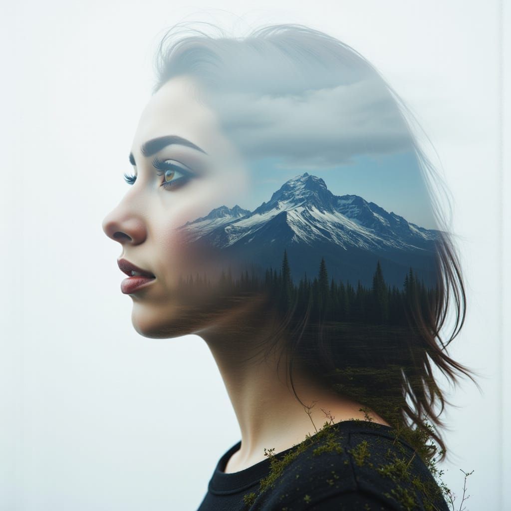 Woman Merged with Mountain Landscape Double Exposure Photo