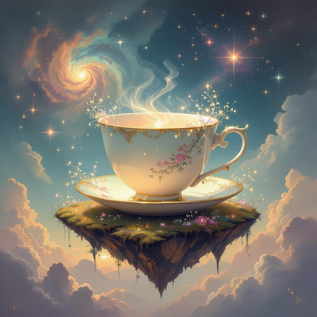 Dreamlike Teacup on Floating Island Nebula Art