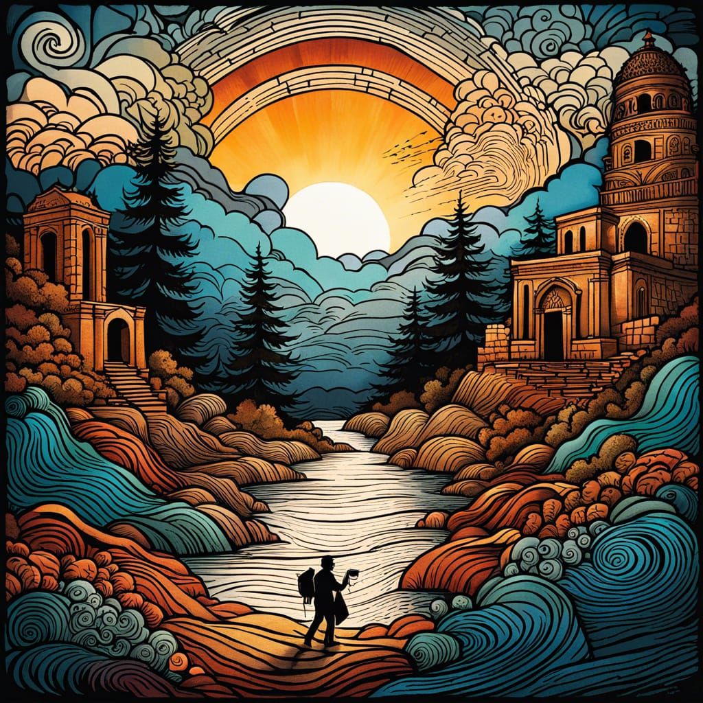 Happy Man and Dog in Ancient Ruins