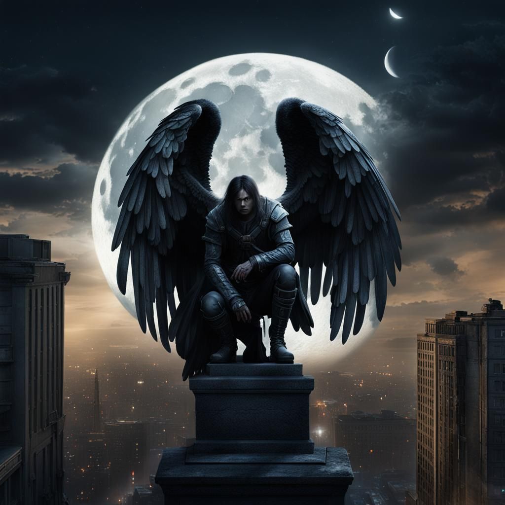 Dark Angel Crouching on Building at Night
