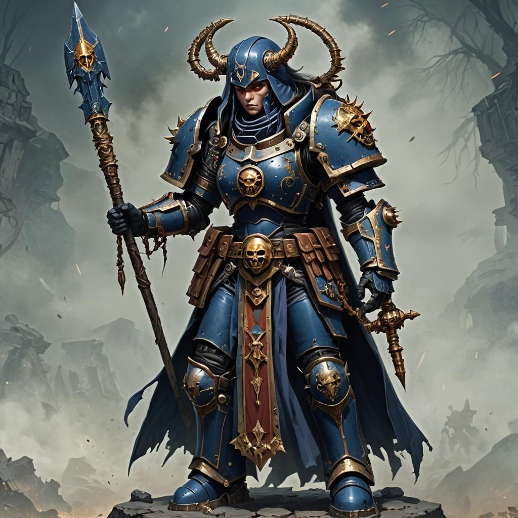 Armored Witch Warrior with Staff in Sci-Fi Setting