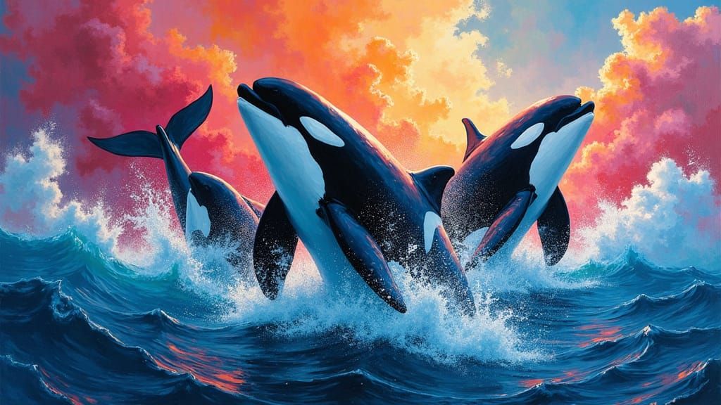 Orcas Play in Dreamlike Ocean, Digital Painting Style
